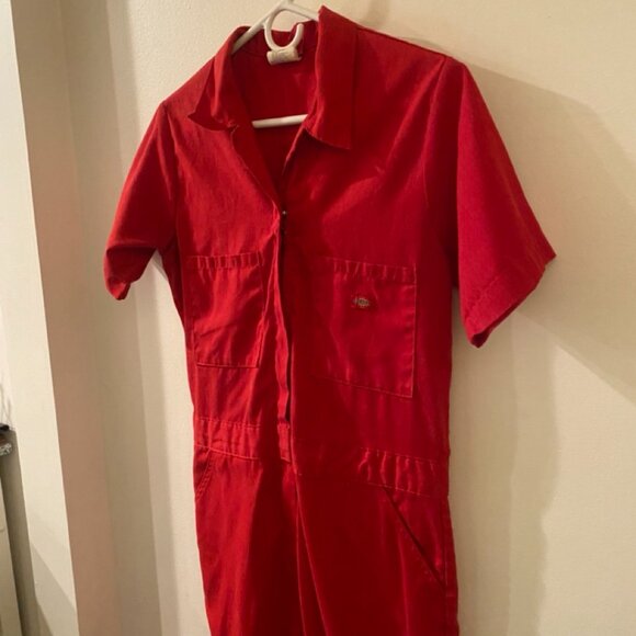 Dickies Red Jumpsuit with Black Cat Patch - Picture 2 of 11